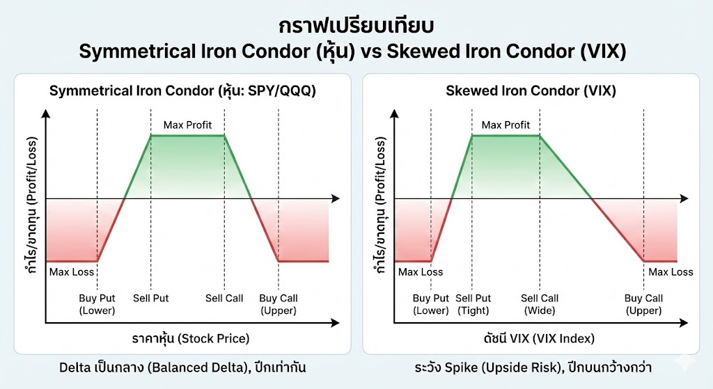 กราฟเปรียบเทียบ Symmetrical Iron Condor (หุ้น) vs Skewed Iron Condor (VIX)